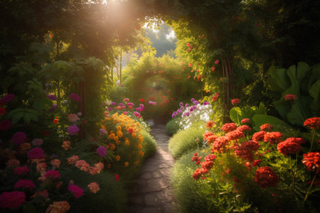 Sunset in the garden, path in the garden with blooming flowersの素材