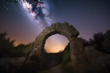 Milky Way over ruins of ancient Roman aqueduct at sunsetの素材