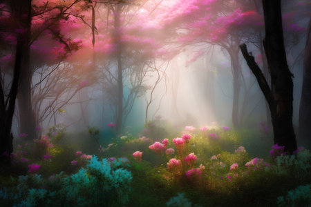 Magic forest with fog and pink flowers. Nature composition. 3d renderの素材