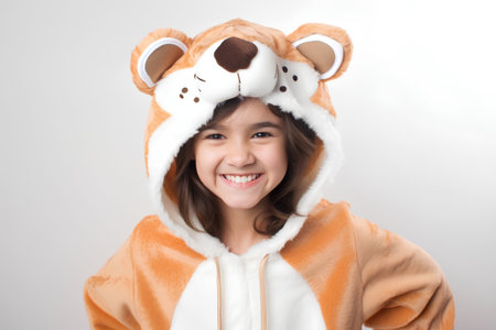 Portrait of a cute asian girl wearing tiger costume on white backgroundの素材