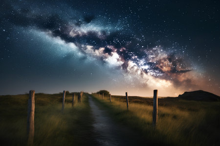 Milky way over the dunes with a path leading to the horizonの素材