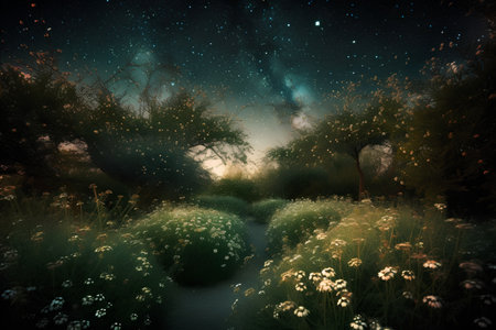 Night landscape with milky way, river, trees and flowers.の素材