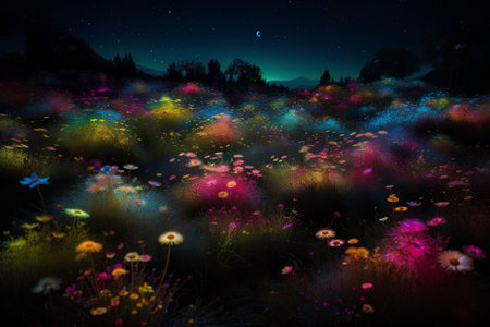 Colorful meadow with flowers at night. 3D illustration.の素材