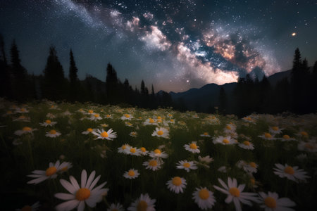 Milky Way over meadow with daisies at summer nightの素材