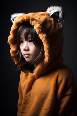 Portrait of a cute asian girl wearing a fur coat and hoodの素材