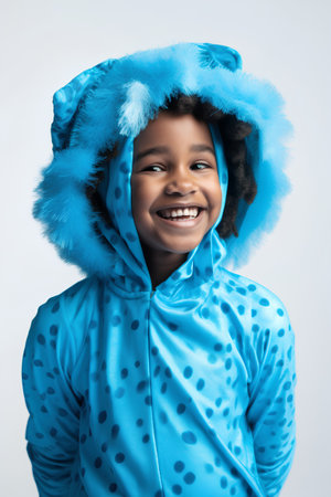 Little african american boy in blue pajamas and fur hatの素材