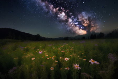 Milky Way over the meadow with flowers and camomilesの素材