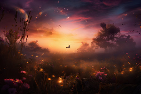 Fantasy landscape with a butterfly in the meadow at sunset.の素材