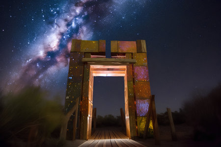 Wooden entrance to the park at night with milky way and starsの素材