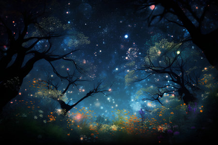 Beautiful fantasy landscape with trees and stars in the night sky.の素材