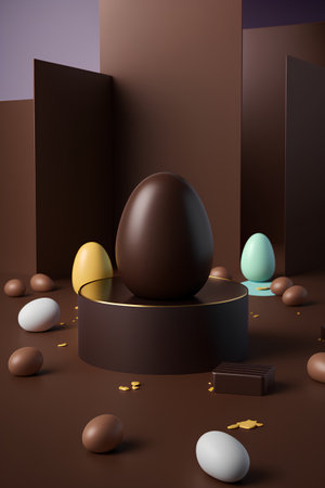 Easter eggs and chocolate background. 3d render. Illustrationの素材