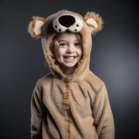 Portrait of a little boy in a bear costume. Studio shot.の素材