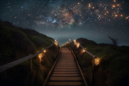 Stairs leading to the milky way with stars in the backgroundの素材