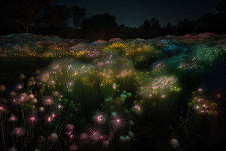 Fantasy field with grass and flowers in the night. 3D renderingの素材