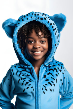 Beautiful young african american woman in blue hoodie, studio shotの素材