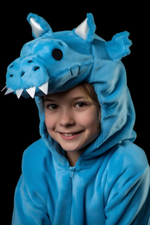 Little girl in a blue coat with a dragon on a black backgroundの素材