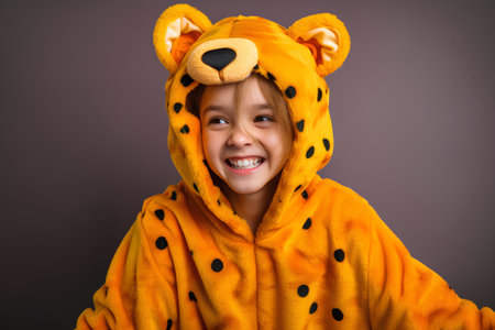 little girl in a tiger costume on a purple background. close-upの素材