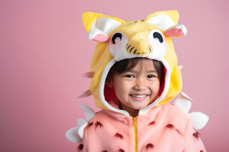 Happy asian little girl in animal costume on pink background, Happy childhood conceptの素材