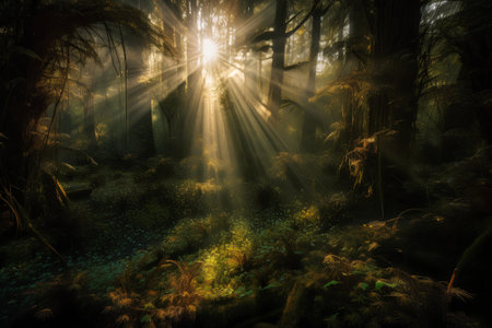 Redwood forest in the morning with sunbeams and lens flareの素材