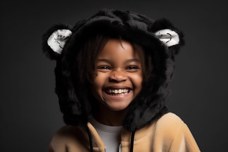 Portrait of a cute african american girl wearing fur hatの素材