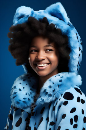 Beautiful young african american woman in fur coat. Studio shot.の素材