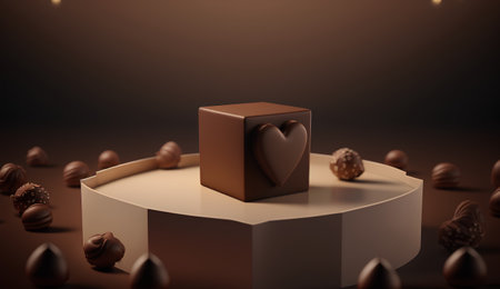 Chocolate candies and heart on a podium. 3d renderingの素材