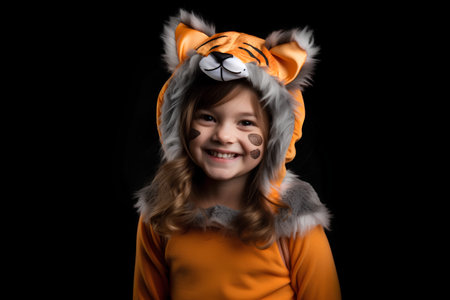 Portrait of a cute little girl in a fox costume on a black background.の素材