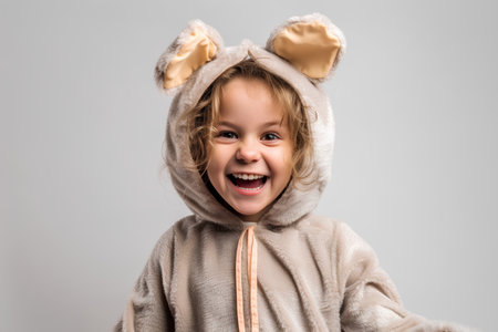 Portrait of a cute little girl in bunny costume on grey backgroundの素材