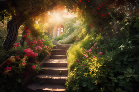 Beautiful garden with stairs and flowers at sunset. Spring landscape.の素材