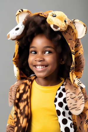 Portrait of a cute african american little girl wearing animal costumeの素材