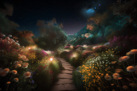 Mystical fantasy landscape with a path through the meadow. 3d renderの素材