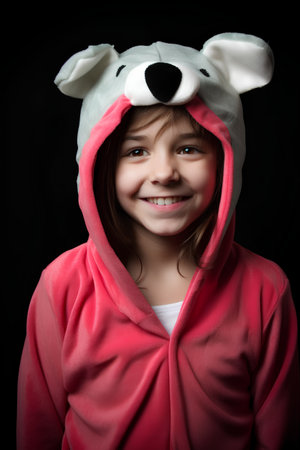 Portrait of a cute little girl in pajamas on a black backgroundの素材