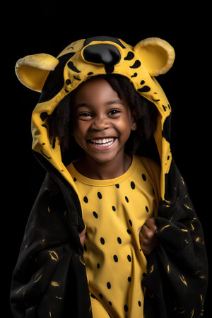Little African American girl dressed in a giraffe costume on a black backgroundの素材