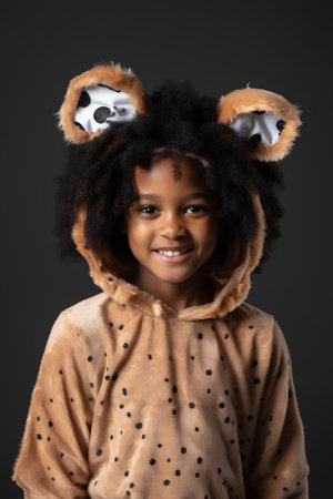 Portrait of a little african american girl wearing bear costumeの素材