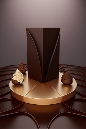 3d render of chocolate candies on a golden pedestal.の素材
