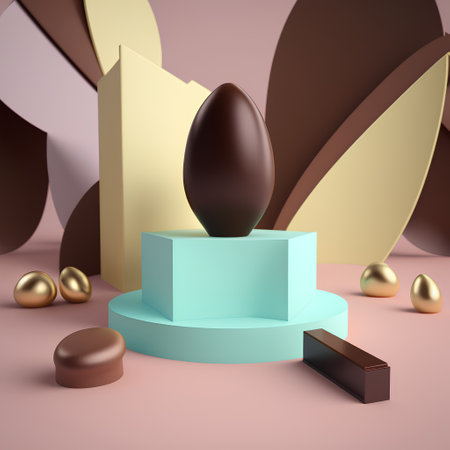 3d render of abstract composition with geometric shapes and chocolate eggs.の素材