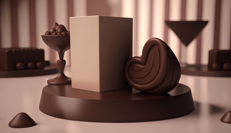 Chocolate candies and chocolate bar on a podium. 3d renderingの素材