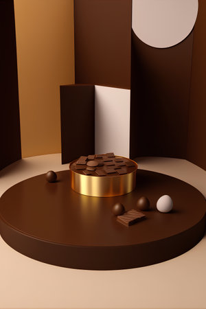 3d render of abstract geometric forms. Minimal scene with podium and chocolate candies.の素材