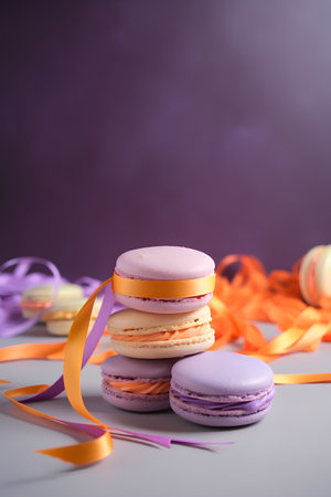 Colorful macaroons with orange ribbon on a purple background.の素材