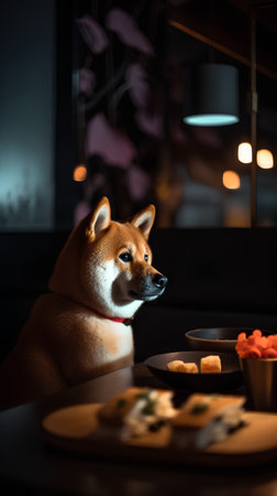 Shiba inu dog and food in a restaurant at night.の素材