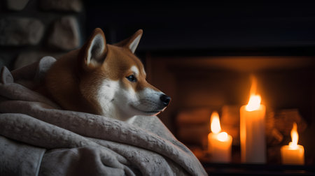 Shiba inu dog under a blanket on the background of burning candlesの素材
