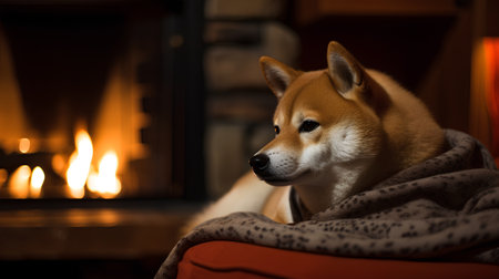 Shiba inu dog sitting in front of a fireplace at homeの素材