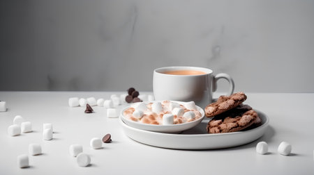 Cup of coffee with marshmallows and cookies on a white backgroundの素材