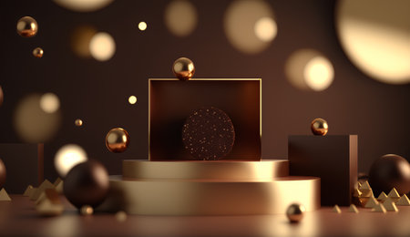 3d rendering of abstract geometric forms. Glossy golden podium for product presentation.の素材