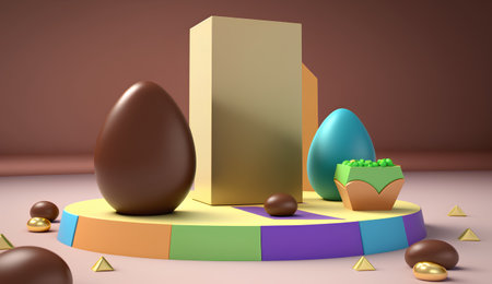 3d render of abstract display podium with easter eggs and gift box.の素材
