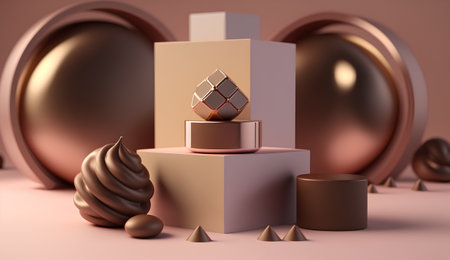 3d render of abstract composition with podiums and chocolate candiesの素材