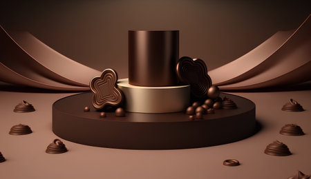 3d render of a brown podium with chocolate candies and chocolate heartsの素材