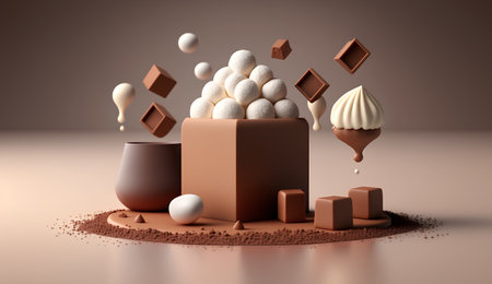 3d rendering of chocolate candies with cream, ice cream and chocolate ballsの素材