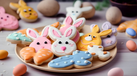 Easter cookies in shape of bunnies and easter eggsの素材