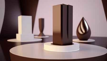 3d rendering of abstract geometric forms. Brown and black podium for product presentation.の素材
